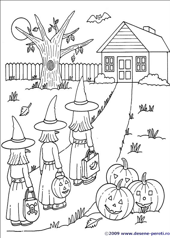 Halloween desene de colorat vrajitoare dovleci